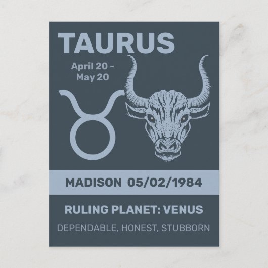 Carte Postale Nom personnalisé / Texte Zodiac Sign Taurus (Devant)