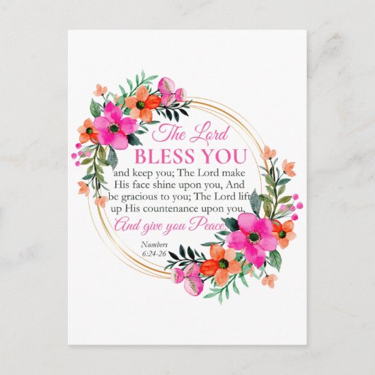 Carte Postale Nombres 6:24-26 Couronne florale rose chrétienne (Devant)