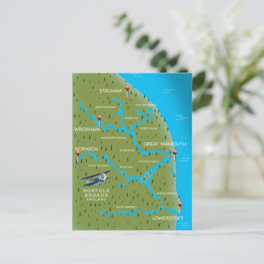 Carte Postale Norfolk Broads Angleterre Map. (Debout devant)