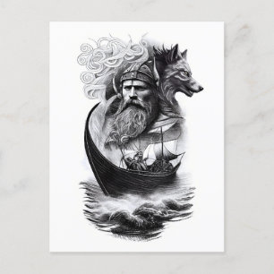 Carte Postale northern mythology Odin Fenriswolf and viking ship
