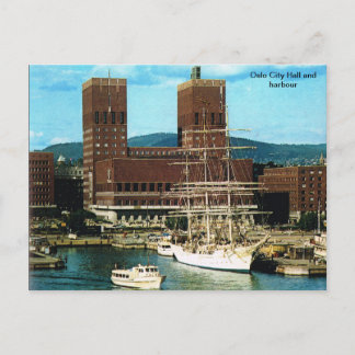 Carte Postale Norvège vintage, Oslo City CHall et port