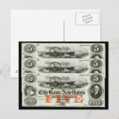 Carte Postale Note de cinq dollars de New Haven 1855 (Devant / Derrière)