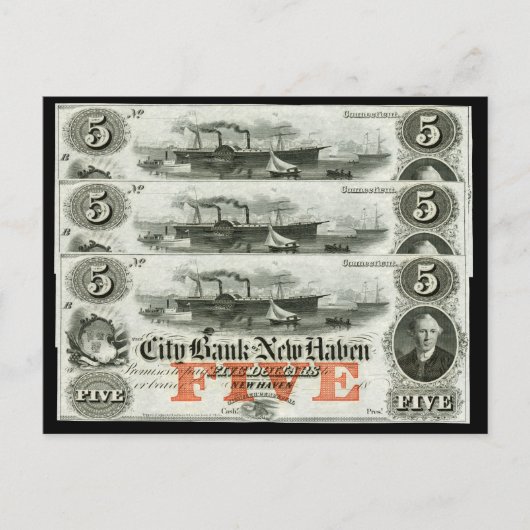 Carte Postale Note de cinq dollars de New Haven 1855 (Devant)