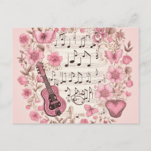 Carte Postale Notes de musique et Fleurs style rétro