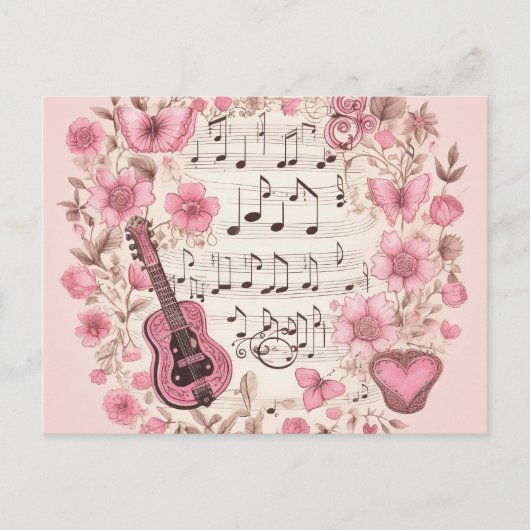 Carte Postale Notes de musique et Fleurs style rétro (Devant)
