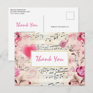 Carte Postale Notes de musique et roses design vintage Merci