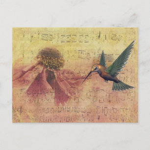 Carte Postale Notes musicales de Fleurs vintages et de Colibris