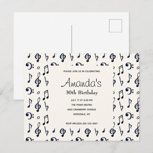 Carte Postale Notes musicales mignonnes Motif Invitation d'anniv (Devant / Derrière)