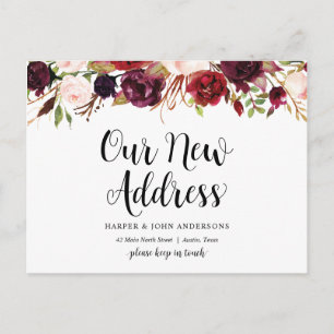 Carte Postale Notre nouvelle adresse, bordeaux floral, Faire-par