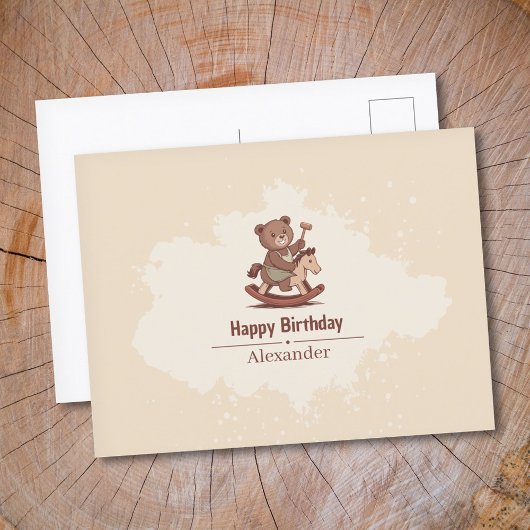 Carte Postale Nounours à cheval sur un Cheval à Bascule