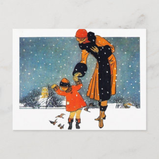 Carte Postale Nourrir les oiseaux dans la neige