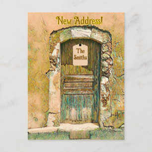 CARTE POSTALE NOUS AVONS DÉMÉNAGÉ !  PORTE EN BOIS PEINT RUSTIQU