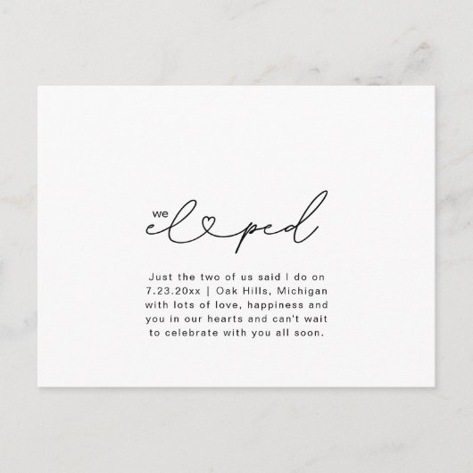 Carte Postale Nous Avons Elopé Script Heart Chic Mariage Photo C (Devant)