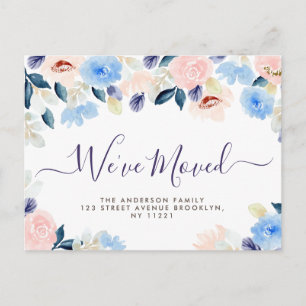 Carte Postale Nous avons Moved script bleu pastel floral Nouveau
