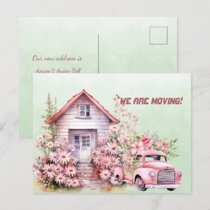 Carte Postale Nous déménageons Camion Vintage Rose et Maison