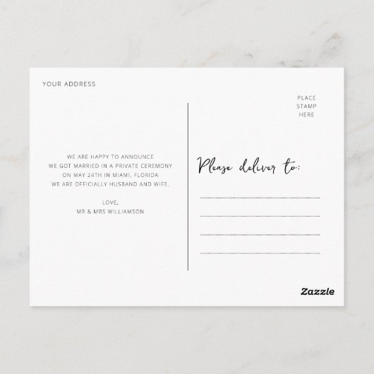 Carte Postale nous sommes partis en elopement calligraphie annon (Dos)