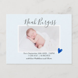 Carte Postale Nouveau bébé Faire-part de naissance de coeur bleu