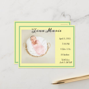Carte Postale Nouveau bébé Faire-part de naissance jaune photo