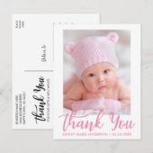 Carte Postale Nouveau bébé merci écriture rose (Devant / Derrière)
