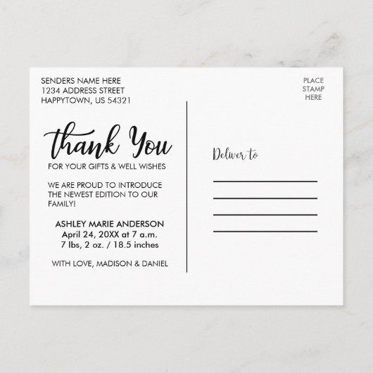 Carte Postale Nouveau bébé merci script rose (Dos)