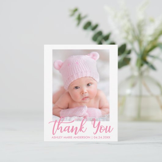 Carte Postale Nouveau bébé merci script rose (Debout devant)