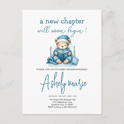 Carte Postale Nouveau Chapitre Teddy bleu garçon baby shower Our (Devant)