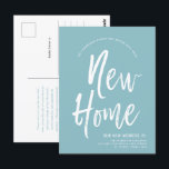 Carte Postale Nouveau domicile | Bleu minimal d'oeuf Robin | Nou<br><div class="desc">Une carte postale mobile de type Robin Oeuf bleu et blanc de type script. Il contient un grand texte de texte des mots "Nouvelle maison" suivi de votre adresse en dessous. La plupart des éléments individuels de la carte invitation sont déverrouillés, alors n'hésitez pas à modifier ou ajouter les détails...</div>