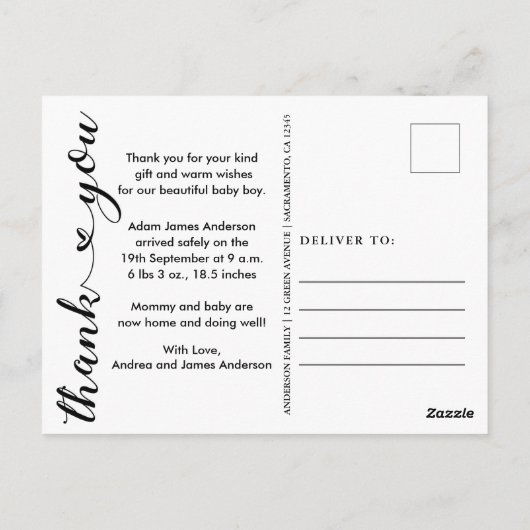 Carte Postale Nouveau Faire-part de naissance bébé simple (Dos)