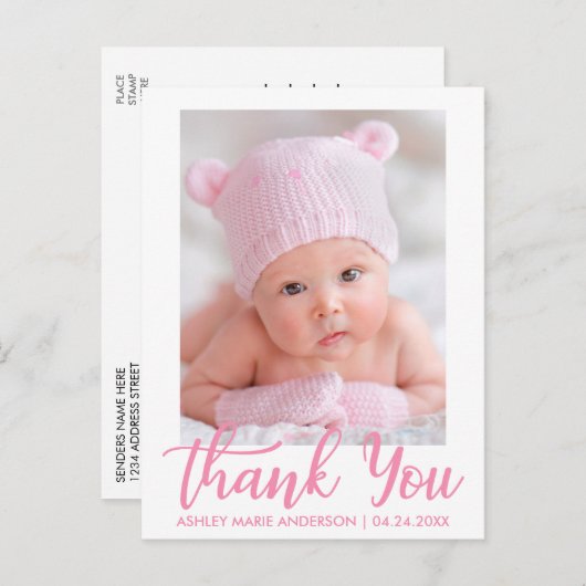 Carte Postale Nouveau Merci bébé rose Script (Devant / Derrière)