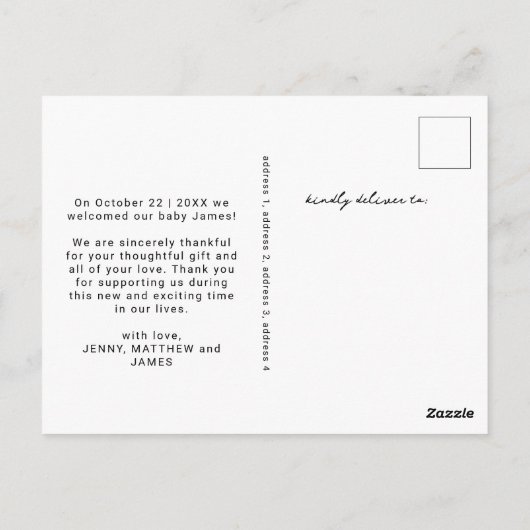 Carte Postale Nouveau Merci photo de bébé écrit à la main (Dos)