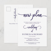 Carte Postale Nouveau plan report de mariage Navy Blue Script (Devant / Derrière)