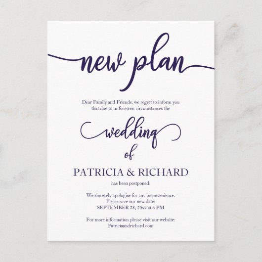Carte Postale Nouveau plan report de mariage Navy Blue Script (Devant)
