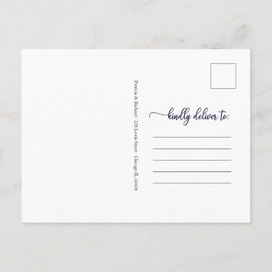 Carte Postale Nouveau plan Reporté Mariage Faire-part bleu marin (Dos)