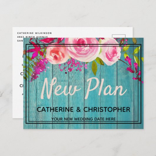 Carte Postale Nouveau plan Rustique Bleu Mariage Floral Reporté (Devant / Derrière)