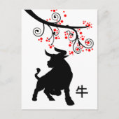 Carte Postale Nouvel An chinois 2021 Ox et fleurs rouges (Devant)