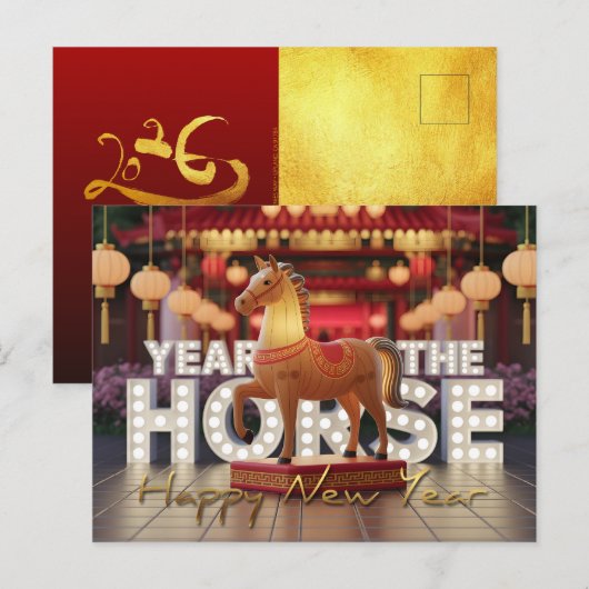 Carte Postale Nouvel An Chinois Cheval Disco avec textes HPc (Devant / Derrière)