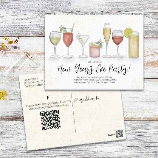 Carte Postale Nouvel An Cocktail Boissons QR Code Événements
