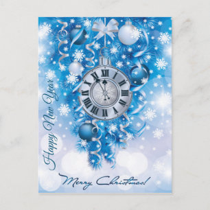 Carte Postale Nouvel An Horloge Bleue en Blanc Joyeux Noël