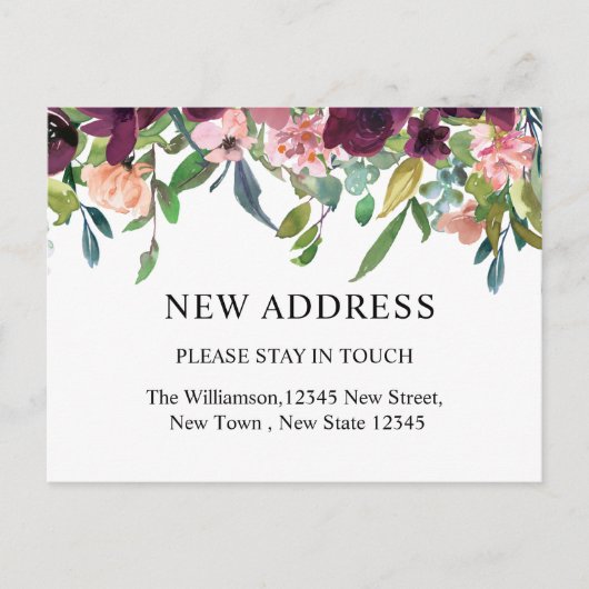 Carte Postale Nouvelle adresse | Aquarelle Florale et Verdure (Devant)