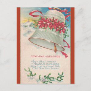 Carte Postale Nouvelle Année au Carillon Vintage et Poinsettias