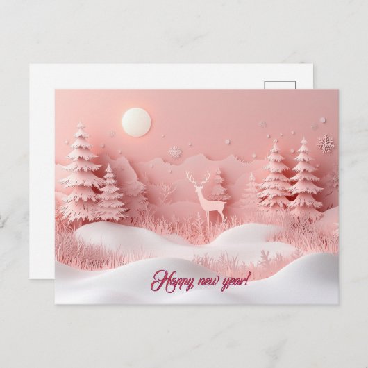 Carte Postale Nouvelle année rose Forêt neigeuse (Devant / Derrière)