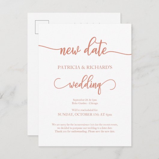 Carte Postale Nouvelle date reportée Mariage Faire-part Rose or (Devant / Derrière)