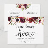 Carte Postale Nouvelle maison de rêve, floral bordeaux, Annonce (Devant / Derrière)