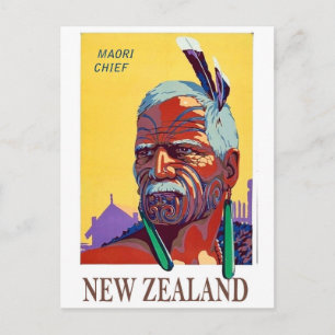 Carte Postale Nouvelle-Zélande, visage de chef maori, guerrier, 