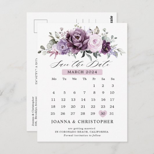 Carte Postale Nuances de Dusty Purple Calendrier Enregistrer la (Devant / Derrière)