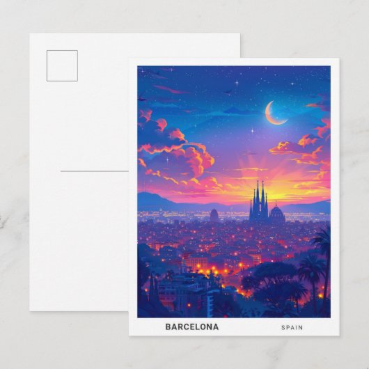 Carte Postale Nuit à Barcelone Espagne Voyage (Devant / Derrière)