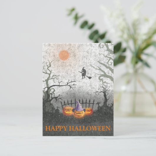 Carte Postale Nuit effrayante d'Halloween avec une citrouille so (Debout devant)