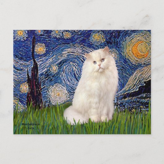 Carte Postale Nuit étoilée - chat perse blanc (Devant)