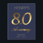 Carte Postale Numéro 80 80e jour du jour Anniversaire bleu<br><div class="desc">Number 80 Blue and Gold Look Typografy 80th Corporate Anniversary 80th Birthday Anniversary 80 Years 80th Anniversary Elegant Postcard,  you can add name and date and change the background color</div>