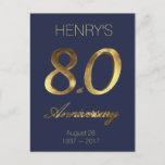 Carte Postale Numéro 80 80th Birthday Anniversary Blue Gold<br><div class="desc">Number 80 Blue and Gold Look Typografy 80th Corporate Anniversary 80th Birthday Anniversary 80 Years 80th Anniversary Elegant Postcard,  you can add name and date and change the background color</div>